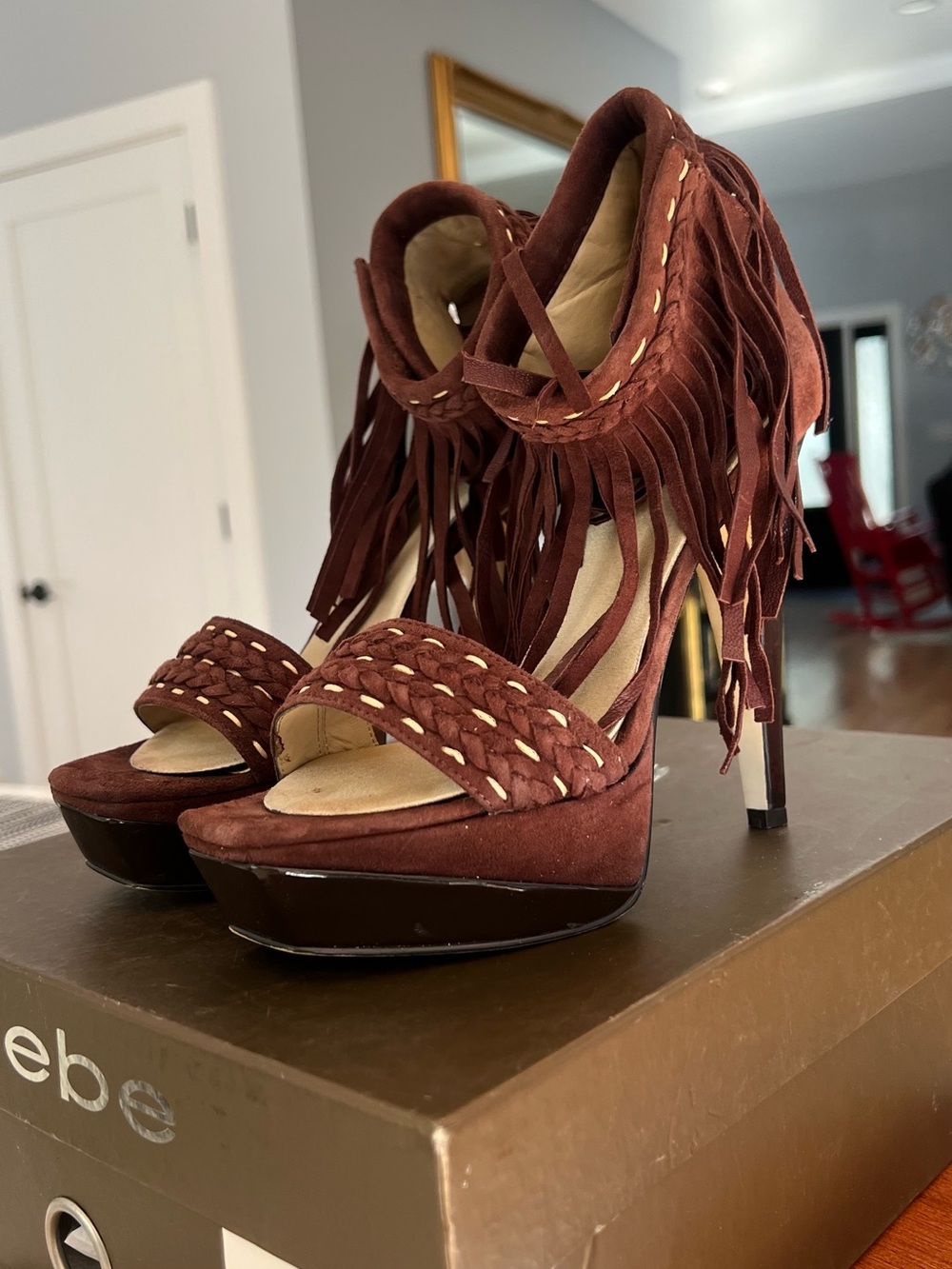 Fringed Suede Platform Heel Sandals - Brown